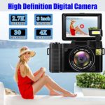 Digital Camera Vlogging Camera 30MP Full HD 1080P Digital Camera with Retractable Flash Light Camera 3 Inch Flip Screen Vlog Camera for YouTube with Two Batteries(32GB Micro SD Card Included)