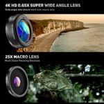 LIERONT Phone Camera Lens for iPhone Samsung Huawei, 25X Telephoto Lens, 4K HD 0.65X Wide Angle Lens & 25X Macro Lens(Screwed Together), 210° Fisheye Lens, Kaleidoscope Lens (Not Pro Camera)