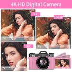 Digital Camera 4K Camcorder 48MP Photography VETEK Camera for YouTube with WiFi, 3.0″ IPS 180°Flip Screen, Wide Angle Lens, Macro Lens, 16X Digital Zoom, 32GB SD Card, 2 Batteries(Pink)