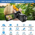 Video Camera Camcorder, UHD 4K 60FPS 48MP Vlogging Camera for YouTube Digital Zoom IR Night Vision Wi-Fi Camcorder with Microphone 2.4G Remote 3 in Touch Screen Handheld Stabilizer