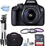 Canon Intl.EOS 3000D / Rebel T100 DSLR Camera with EF-S 18-55mm Zoom Lens + SanDisk 64GB Memory Card + Full Size Tripod + Case + 58mm Filter KIt + Model Electronics Cloth