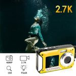 Underwater Camera 2.7K 48MP Waterproof Digital Camera 10FT HD Video Selfie Dual Screen 16X Waterproof Camera Underwater Camera for Snorkeling (Yellow)