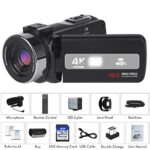 Video Camera Camcorder, 4K 60FPS Vlogging Camera for YouTube with WiFi 3.0” IPS Touch Screen Remote Control, Lens Hood, Handheld Holder, 32GB SD Card, 2 Batteries