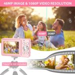 Digital Camera, Kids Camera with 32GB Card FHD 1080P 44MP Vlogging Camera with LCD Screen 16X Zoom Compact Portable Mini Rechargeable Camera Gifts for Students Teens Adults Girls Boys-Pink