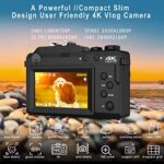 Vlogging Camera, 4K 48MP Digital Camera with WiFi, Free 32G TF Card & Hand Strap, Auto Focus & Anti-Shake, Built-in 7 Color Filters, Face Detect, 3” IPS Screen, 140°Wide Angle, 18X Digital Zoom