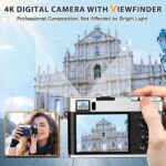 4K Digital Camera with Viewfinder Flash & Dial, 48MP Vlogging Camera for Photography and Video Autofocus Anti-Shake, Travel Portable Digital Camera with SD Card 2 Batteries, 16X Zoom Fashion Camera