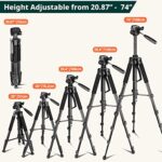 Torjim 74” Camera Tripod with Travel Bag, Extendable Cell Phone Tripod Stand with Wireless Remote and Phone Holder, Compatible with All Cameras/iPhone/Android/Sport Camera