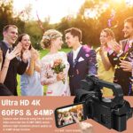 Video Camera Camcorder, 4K Video Camera Auto Focus Vlogging Camera for YouTube 64MP 60FPS 18X Zoom Digital Video Camera with WIFI, Webcam, Mic, Stabilizer, 64G SD Card, Fill Light, Remote Control