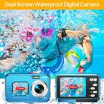 Underwater Cameras, 4K Waterproof Digital Camera 48 MP Autofocus Function Selfie Dual Screens with 16X Digital Zoom Compact Portable 11FT Underwater Camera for Snorkeling, Waterproof, 2 Battery(Blue)