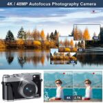 4K Digital Camera for Photography Autofocus 48MP Vlogging Camera for YouTube 16X Digital Zoom Vlog Camera with SD Card, 2 Batteries, Viewfinder & Mode Dial
