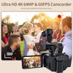 Video Camera Camcorder 4K 64MP 60FPS,HD Auto Focus Vlogging 4.0″ Touch Screen 18X Zoom Digital Camera with Charger, Microphone, Handhold Stabilizer, 64G SD Card, Remote Control