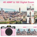 Digital Cameras for Photography, 4K 48MP Vlogging Camera 16X Digital Zoom Manual Focus Rechargeable Students Compact Camera with 52mm Wide-Angle & Macro Lens, 32G TF Card and 2 Batteries