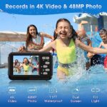 4K Waterproof Camera Underwater Camera 64GB Card Included Dual Screens Selfie 48MP 16X Digital Zoom Digital Camera Fill Light 11FT Underwater Camera for Snorkeling Kids with 2 Batteries
