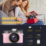 Digital Camera for Photograohy and Video VJIANGER 4K 48MP WiFi Vlogging Camera with 180° Flip Screen, 16X Digital Zoom, 52mm Wide Angle & Macro Lens, 2 Batteries and 32GB TF Card(W02-Pink32)