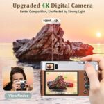 Upgraded 4K Digital Camera with SD Card Autofocus, 48MP Digital Camera with Flash Viewfinder & Dial, Vlogging Camera for Photography and Video Anti-Shake, Compact Travel Camera 16X Zoom (2 Batteries)