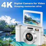 4K Digital Camera for Photography, Autofocus 48MP Vlogging Camera for YouTube with 16X Digital Zoom, White Camera, 3’’180°Flip Screen Compact Video Camera with Liftable Flash, SD Card&2 Batteries