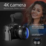 Monitech Digital Camera for Photography and Video,4K 48MP Vlogging Camera for YouTube with 180° Flip Screen,16X Digital Zoom,52mm Wide Angle & Macro Lens, 2 Batteries, 32GB TF Card