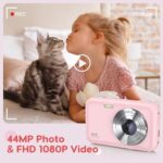 Digital Camera, FHD 1080P Kids Camera 44MP Point and Shoot Camera 16X Zoom Compact Small Photography Camera for Kids with 32G Card & 2 Batteries Portable Camera Gift for Girl Boy Students Teens (Pink)
