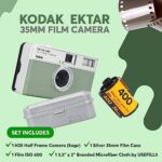 Reusable Film Camera 35mm Bundle Includes Kodak Ektar H35 Half Frame Film Cameras Color Sage Silver Film Case for 5 Rolls and ISO 400 35 mm Film with Branded Microfiber Cloth by USEFILL5 (Sage)