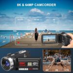 8K 64MP Video Camera Camcorder with IR Night Vision Vlogging Camera, 18X Zoom WiFi Digital Touch Screen Camcorder for YouTube with 32G SD Card, 2.4G Remote Control, Microphone, and Two Batteries.