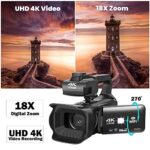 Lierhyt 4k Video Camera Camcorder with 18X Digital Zoom,64MP Vlogging Camera for YouTube,4.0-inch Rotating Touchscreen,64GB SD Card,Microphone,Remote Control,Durable Battery(Black)
