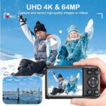 Digital Camera, 4K Kids Camera for Photography, 64MP MP3 Player Compact Video Camera 18X Digital Zoom Vlogging Camera for YouTube, Auto Focus Point and Shoot Digital Cameras Gift for Students Teens