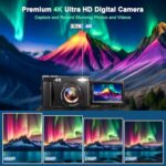 4K Digital Camera for Photography, 48MP Auto-Focus Vlogging Camera for YouTube, 16X Digital Zoom/ 3″ 180° Flip Screen/Anti Shake/Flash with SD Card, Compact HD Camera (2 Batteries & Battery Charger)