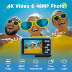 4K Waterproof Camera Underwater Camera Snorkeling 11FT with 64GB Card Dual Screens Selfie 48MP Autofocus 16X Zoom Compact Digital Camera Waterproof with 2 Batteries (Blue)