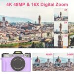 Digital Cameras for Photography, 4K 48MP Vlogging Camera 16X Digital Zoom Manual Focus Rechargeable Students Compact Camera with 52mm Wide-Angle & Macro Lens, 32G TF Card and 2 Batteries(Purple)